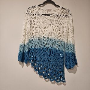 Blue and White Ombre Asymetrical Crochet Sweater, Size Large